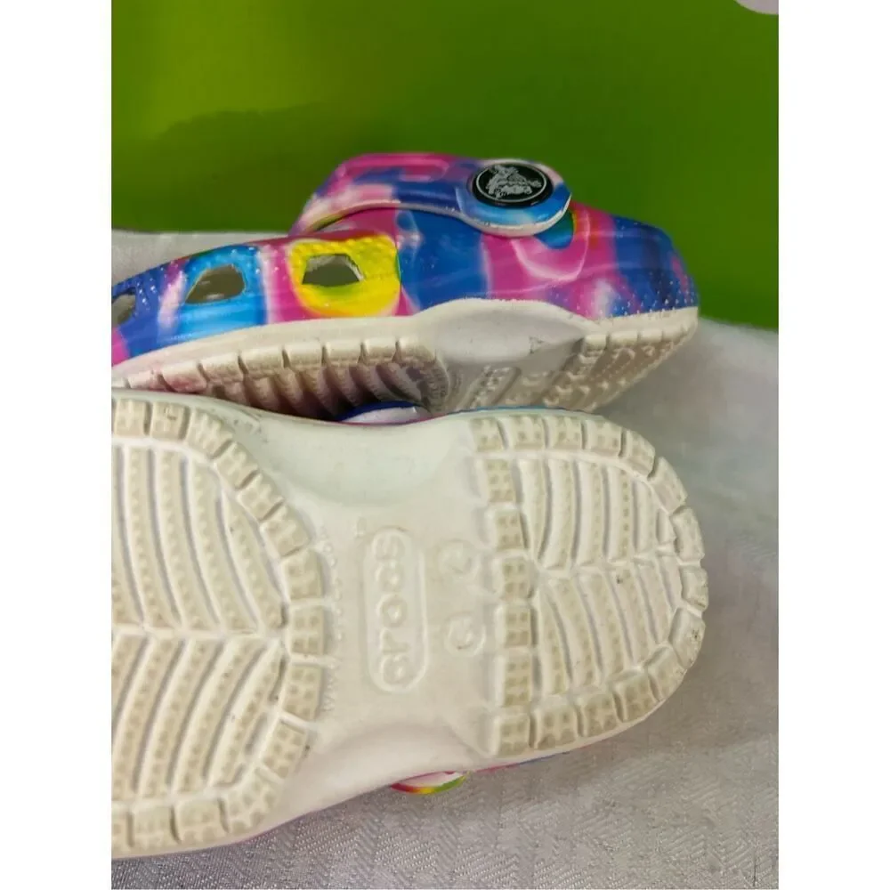 Crocs size 4 infant toddlers tie‎ dye pink blue colors excellent